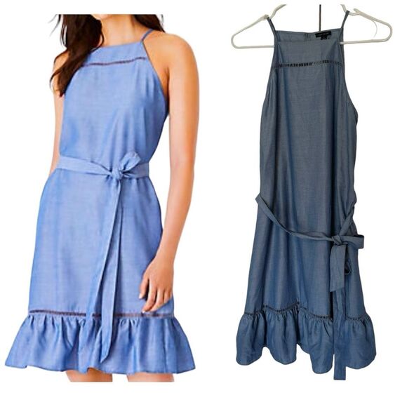 NWT Ann Taylor Chambray Dress Squared Halter neck Tied Waisted, Size 2 - Picture 1 of 9